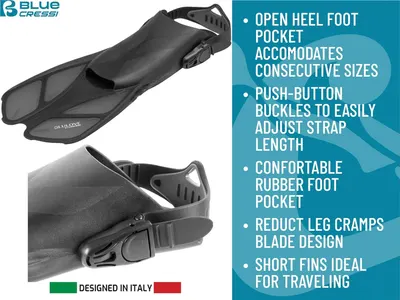 Communicates multiple distinct benefits of the diving fins in a bulleted list format, highlighting adjustability, comfort, performance, and portability to help shoppers understand the product's…
