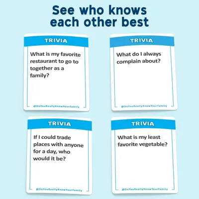Demonstrates multiple ways the trivia card game can be used to help family members learn about each other through different question prompts.
