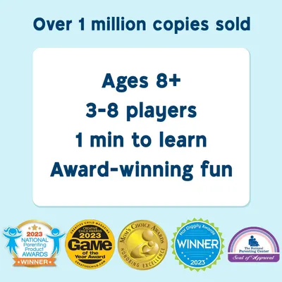 Communicates the product's commercial success and award-winning status to build trust and social proof, while also highlighting key product specifications like age range, player count, and ease of…