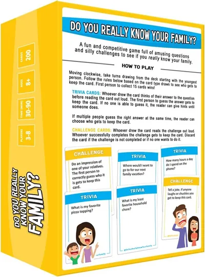 Explains how to play the family trivia game, including turn order, card types, and winning conditions to help shoppers understand the gameplay mechanics. Shows examples of the different card types…