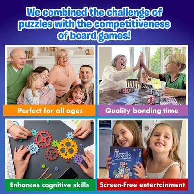 Communicates multiple key benefits of the product in a segmented layout: suitable for all ages, promotes quality family time, enhances cognitive skills, and provides screen-free entertainment.