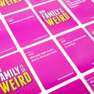 Shows the variety of cards included in the game to help shoppers understand what they're getting and the humorous, relatable nature of the content.