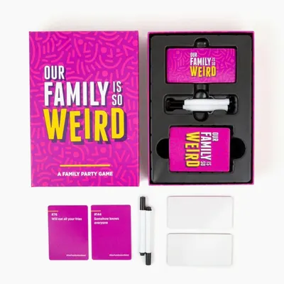 Shows all components included in the party game package to help shoppers understand what they receive: game box, card decks, timer, markers, and answer boards.