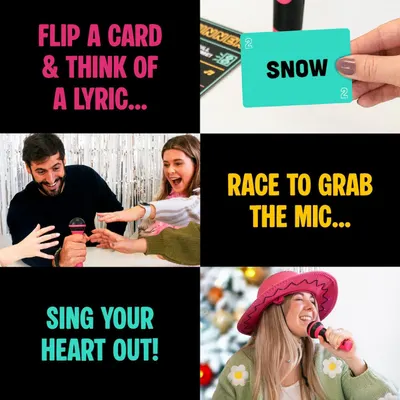 Explains how to play the karaoke game in three sequential steps: flip a card to get a lyric prompt, race to grab the microphone, and sing the song. Communicates ease of use and fun gameplay flow.