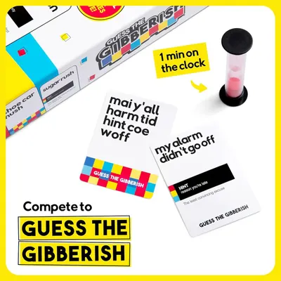 Explains how to play the game by showing the 1-minute timer mechanic and demonstrating the core gameplay of guessing gibberish phrases.
