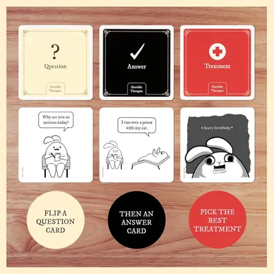 Shows shoppers what's included in the game package by displaying the three different card types (Question, Answer, Treatment) and example cards to help them understand the gameplay format and…