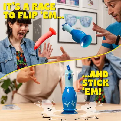 Demonstrates the two-step gameplay mechanic of the product—flipping the pieces in the air and sticking them onto the target—to show shoppers how the game works and communicate its fun, interactive…