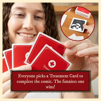 Explains how to play the card game by showing the step-by-step process: players pick treatment cards to complete comics, and the funniest combination wins. Highlights the fun, social nature of the…