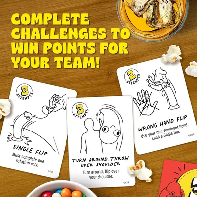 Demonstrates how to play the game by showing multiple challenge cards with illustrated instructions for different physical tricks or stunts to win points. Shows the variety of different challenges…