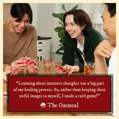 Uses a customer quote to build emotional trust and demonstrate how the product (a card game) helped someone cope with intrusive thoughts and mental health challenges.