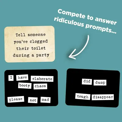 Demonstrates the product's interactive game functionality by showing a sample prompt and word options, communicating that it provides entertaining party game content.