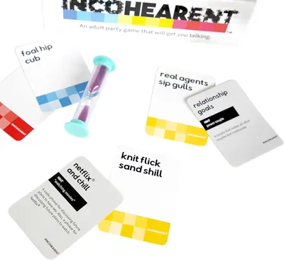 Shows shoppers what comes in the box—game cards with humorous phrases and a sand timer—to help them understand the complete contents of this adult party game.