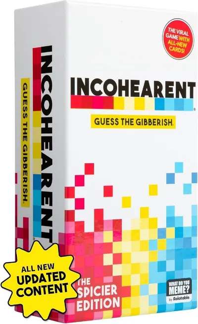 Showcases the product packaging and branding for the Incohearent game, highlighting that this is an updated edition with new content to attract both new and returning customers.