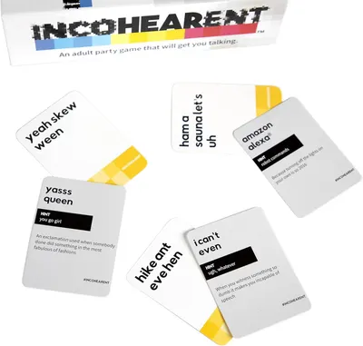 Shows shoppers what's included in the party game box—multiple cards with phrases, hints, and definitions—to help them understand the game's content and format.
