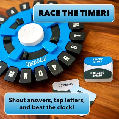 Explains how to play the game by showing the core mechanic: shout answers, tap letters on the timer wheel, and race against the clock to win. Highlights the exciting, time-pressured nature of the…