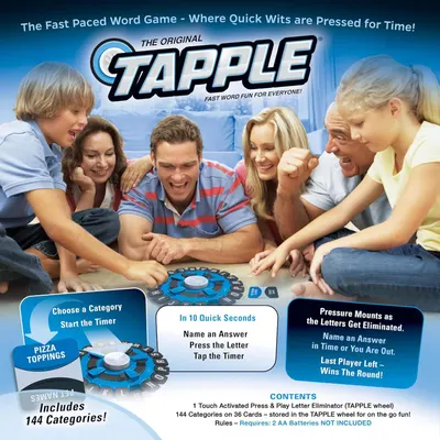 Explains the step-by-step gameplay mechanics to help shoppers understand how to play the Tapple word game, from choosing a category to winning the round.