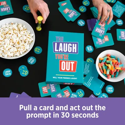 Explains how to play the game by showing the simple one-step instruction to pull a card and act out the prompt within 30 seconds, making it easy for shoppers to understand gameplay.