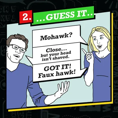 This image engages shoppers through a playful guessing game format to help them identify the correct hairstyle or product variant, making the shopping experience interactive and educational.