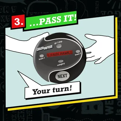 This image instructs players on step 3 of the game setup or gameplay: passing the device to the next player after completing their turn.