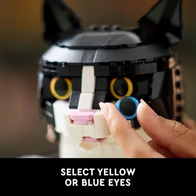 Communicates that the product offers customization options, allowing shoppers to choose between yellow or blue eye colors for the LEGO-style figure. Highlights the customization feature as a key…