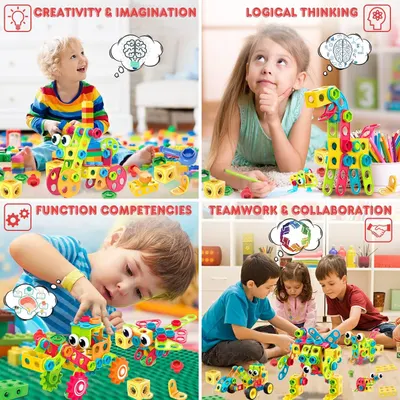 Communicates the educational and developmental benefits of the toy product by showcasing four distinct learning outcomes: fostering creativity, building logical thinking skills, developing…