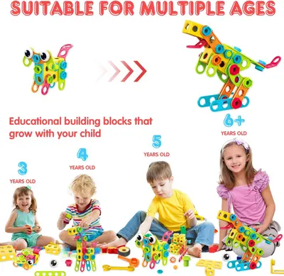 Demonstrates that the building blocks are suitable for children across multiple age ranges (3, 4, 5, and 6+ years old), showing how the product grows in complexity with the child's development.