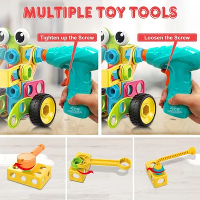 Demonstrates how to use the toy drill tool to tighten and loosen screws, teaching children basic tool mechanics through play. Shows the variety of toy tools included and the different ways children…