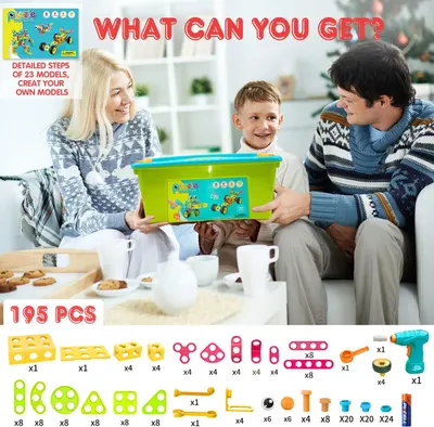 Shows the complete contents of the building kit, including all 195 pieces and accessories, to help shoppers understand the full value and variety of what they will receive. Positions the product as…