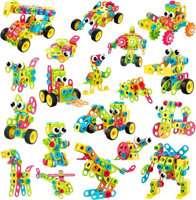 Demonstrates the versatility and creative possibilities of the construction toy by showing numerous different vehicles, animals, and characters that can be built from the same set, reassuring…