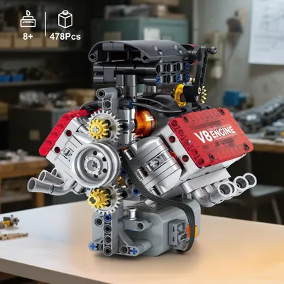 Showcases the detailed internal structure and mechanical components of the V8 engine building kit, highlighting the realistic engineering and educational value of the product. Communicates the piece…