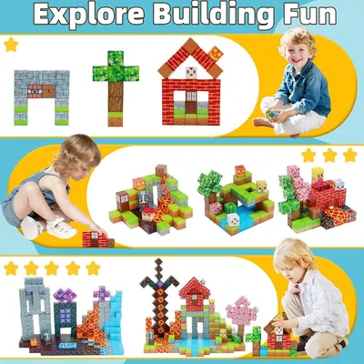 Demonstrates the versatility of the building blocks by showing multiple different structures and configurations that can be created, encouraging creative play and showcasing the product's range of…
