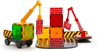Shows all the pieces and accessories included in the magnetic construction toy set to help shoppers understand the complete contents and play value of the kit.