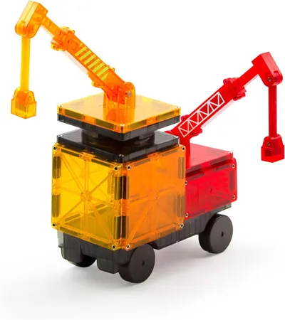 Provides a clean, catalog-style view of the magnetic construction toy vehicle with crane arms, allowing shoppers to see the product clearly without distractions.