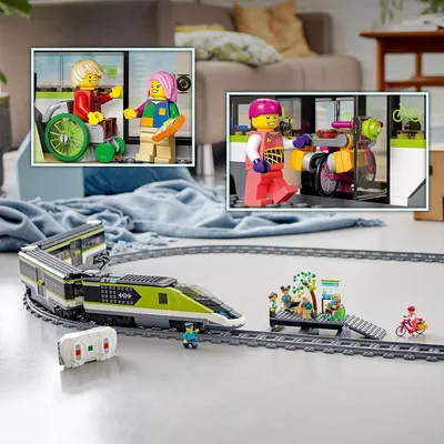 Shows shoppers everything included in the LEGO set—the train, track, minifigures, and accessories—to communicate the full value and play possibilities of the purchase.