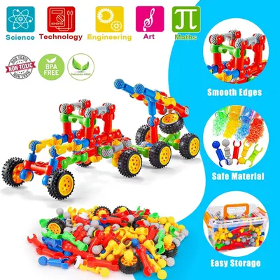 Communicates multiple key benefits of this building toy set including educational value (STEAM), safety features (smooth edges, non-toxic materials), and practical storage solution to reassure…