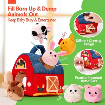 Showcases multiple distinct benefits of the toy barn in a segmented layout: the fill-and-dump play pattern, the various opening designs for interaction, and motor skill development through hands-on…