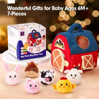 Shows all items included in the set (barn toy carrier and 6 plush farm animals) to help shoppers understand the complete package they will receive. Positions the product as a wonderful gift option…