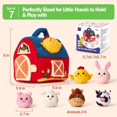 Communicates the exact physical dimensions of the barn toy, packaging, and animal figures to reassure parents that the product is appropriately sized for small children to hold and play with safely.…