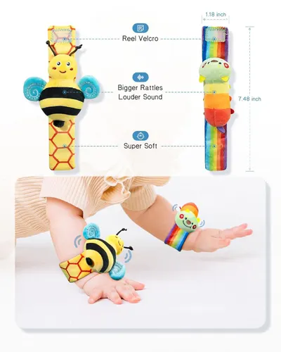 Breaks down the physical features and components of the baby wrist rattles, highlighting the velcro attachment, rattle sound mechanism, and soft material to help parents understand the product's…