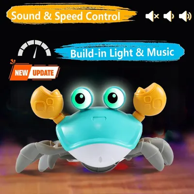 Highlights multiple distinct features of the toy crab—sound and speed control options plus built-in lights and music—to communicate versatility and interactive play value.