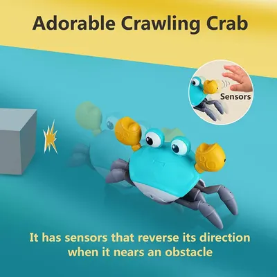 Highlights the toy crab's smart sensor technology that automatically reverses direction when approaching obstacles, reassuring parents of safe and intelligent play.