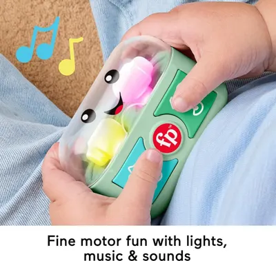 Communicates that the toy provides engaging fine motor skill development through interactive play with sensory features like lights, music, and sounds.
