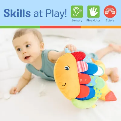 Communicates that this toy supports multiple developmental skills for babies and toddlers, including sensory stimulation, fine motor development, and color recognition.
