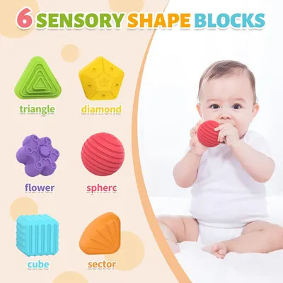 Shows all six sensory shape blocks included in the product set, helping shoppers understand the variety and quantity of items they will receive.