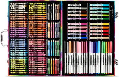 Shows the comprehensive variety of art supplies included in the kit (crayons, markers, colored pencils) to demonstrate value and completeness for creative activities.