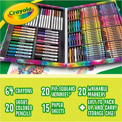 Shows the complete contents of the Crayola art kit, including 64 crayons, 20 markers, 20 colored pencils, 20 Pip-Squeaks Skinnies, 15 paper sheets, and the storage case, to communicate the…