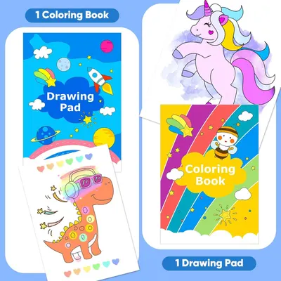 Shows the customer exactly what they will receive in the package: 1 coloring book, 1 drawing pad, and a unicorn illustration example, helping them understand the complete bundle contents.