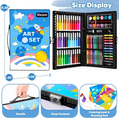 Shows everything included in the art set kit—markers, colored pencils, oil pastels, watercolors, and accessories—to help shoppers understand the full value and variety of items they'll receive.…