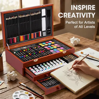Shows the comprehensive contents of the art set including pencils, paints, markers, and accessories to demonstrate the value and completeness of the kit for artists. Communicates that this is a…