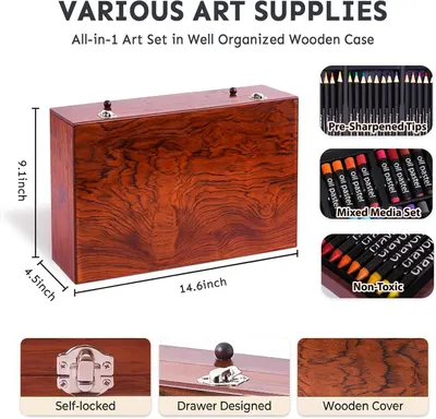 Shows the exact physical dimensions of the wooden case (14.6 x 4.5 x 9.1 inches) to help shoppers understand the product's size and storage footprint. Highlights multiple distinct benefits and…